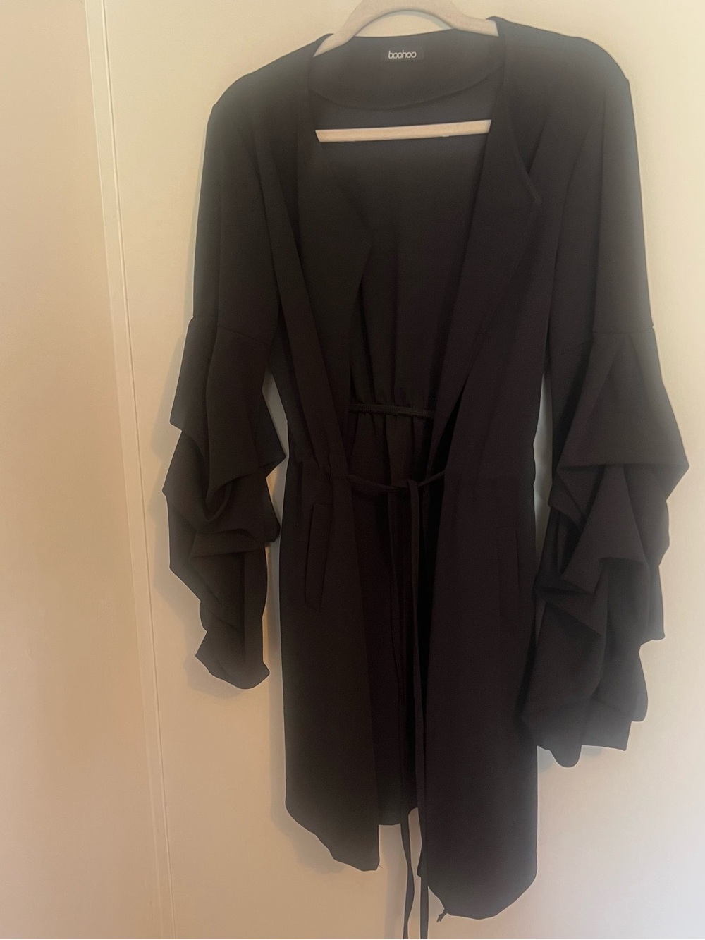 Boohoo Black Lightweight Open Front Duster Cardigan with Ruffle Sleeves